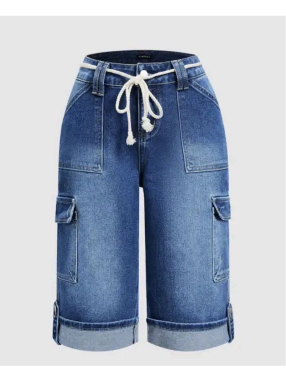 Wash Roll Hem Flap Pocket Belted Mid Rise Denim Bermuda Shorts “2XL - Picture 4 of 13